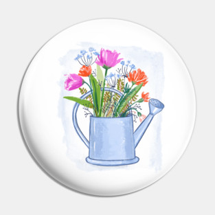 Watering Can with Flowers Floral Illustration Pin