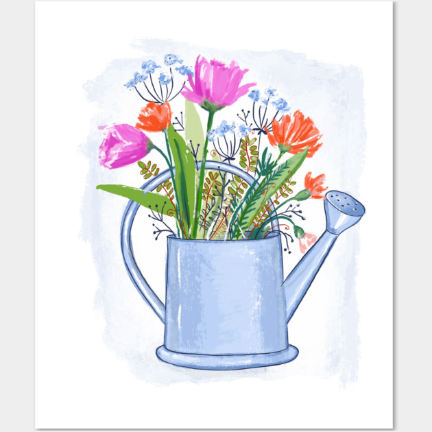 Watering Can with Flowers Floral Illustration Wall Art by denizko