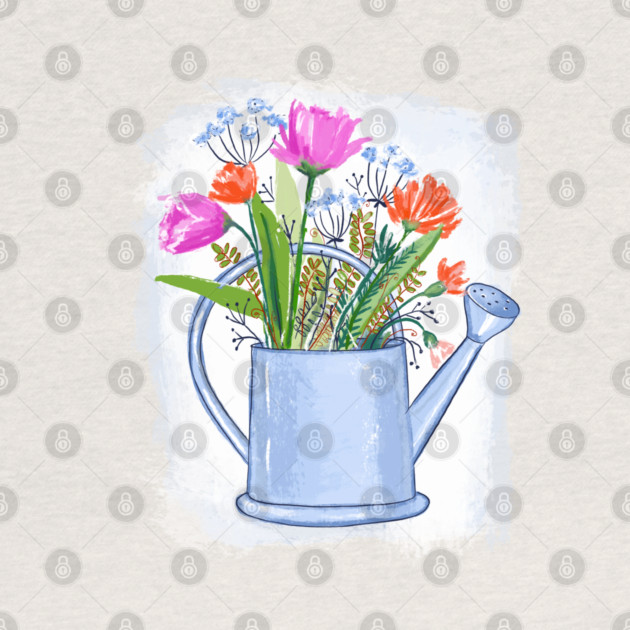 Watering Can with Flowers Floral Illustration by denizko