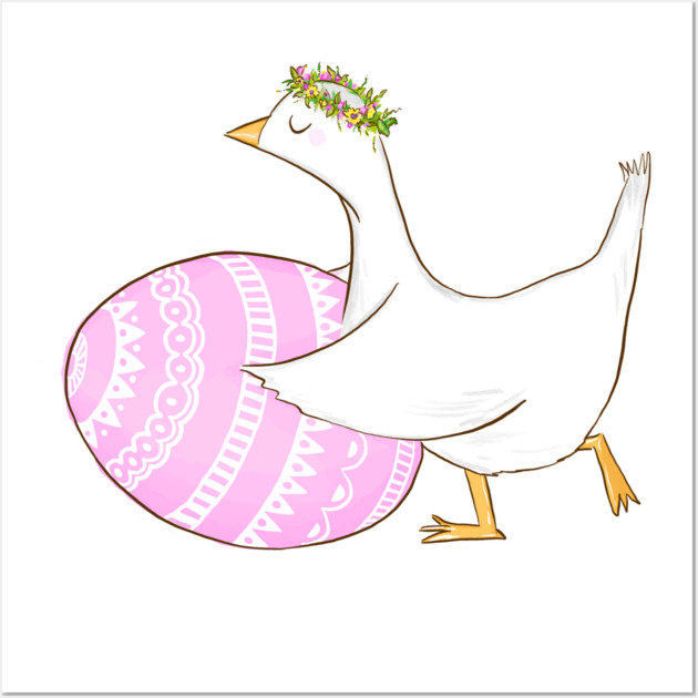 Cute Easter Goose with Floral Crown Illustration Wall Art by denizko