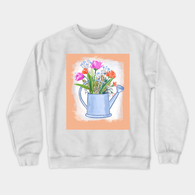 Watering Can with Flowers Spring Illustration Crewneck Sweatshirt by denizko