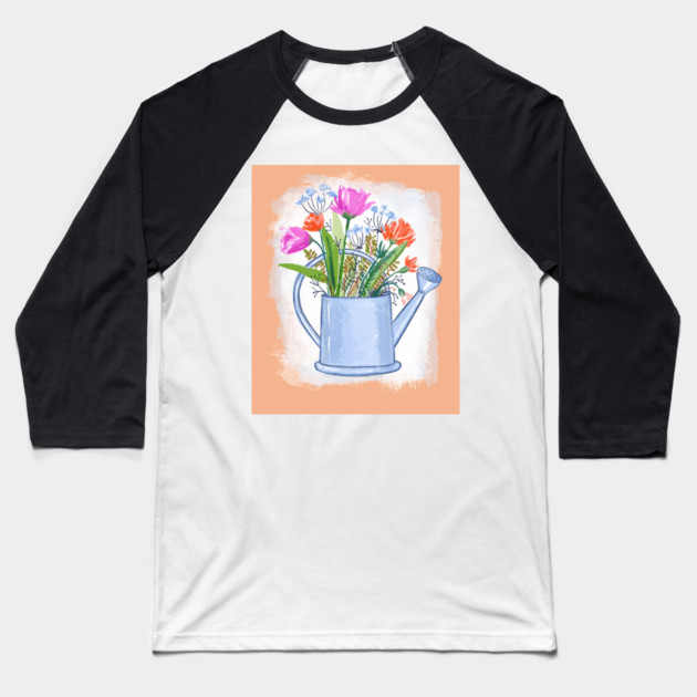 Watering Can with Flowers Spring Illustration Baseball T-Shirt by denizko