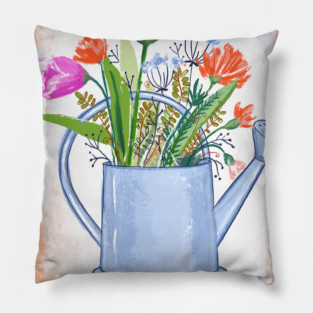 Watering Can with Flowers Spring Illustration Pillow