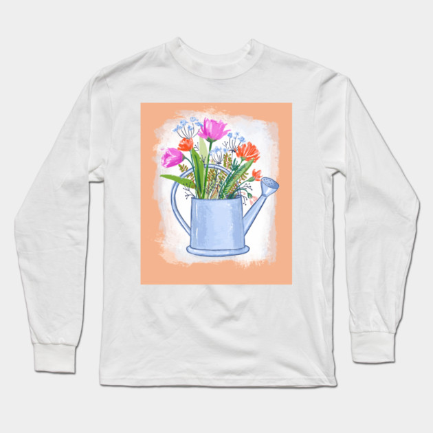 Watering Can with Flowers Spring Illustration Long Sleeve T-Shirt by denizko