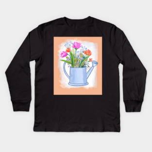 Watering Can with Flowers Spring Illustration Kids Long Sleeve T-Shirt