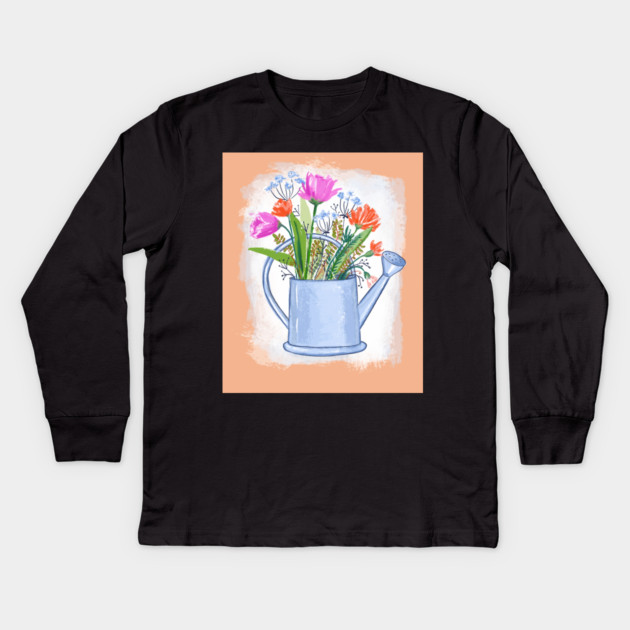 Watering Can with Flowers Spring Illustration Kids Long Sleeve T-Shirt by denizko