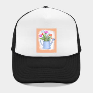 Watering Can with Flowers Spring Illustration Hat