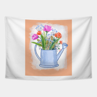 Watering Can with Flowers Spring Illustration Tapestry