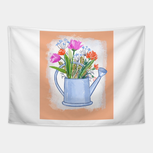 Watering Can with Flowers Spring Illustration Tapestry by denizko
