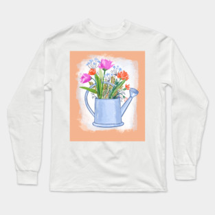 Watering Can with Flowers Spring Illustration Long Sleeve T-Shirt