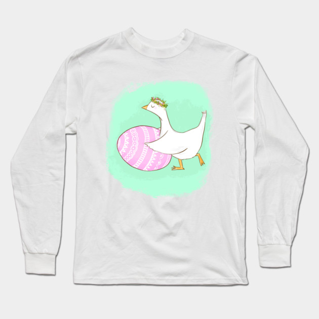 Cute Easter Goose Illustration with Floral Crown Long Sleeve T-Shirt by denizko