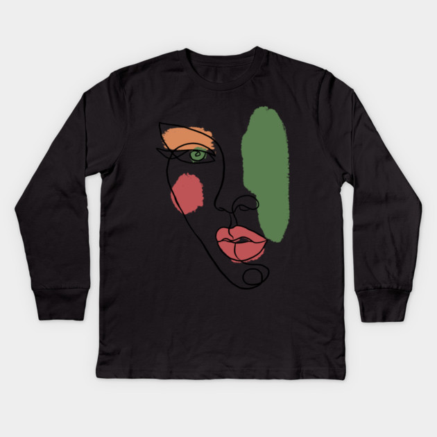 Minimal Abstract Face Line Art Illustration Kids Long Sleeve T-Shirt by denizko