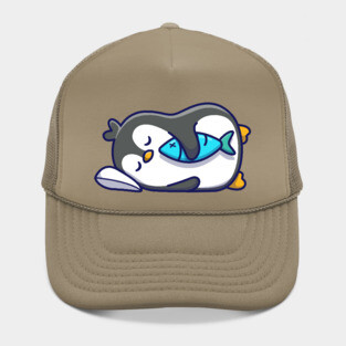 Cute penguin sleeping with fish Hat
