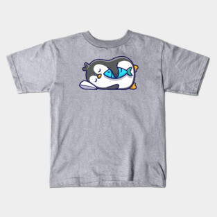 Cute penguin sleeping with fish Kids T-Shirt