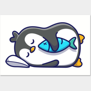 Cute penguin sleeping with fish Posters and Art