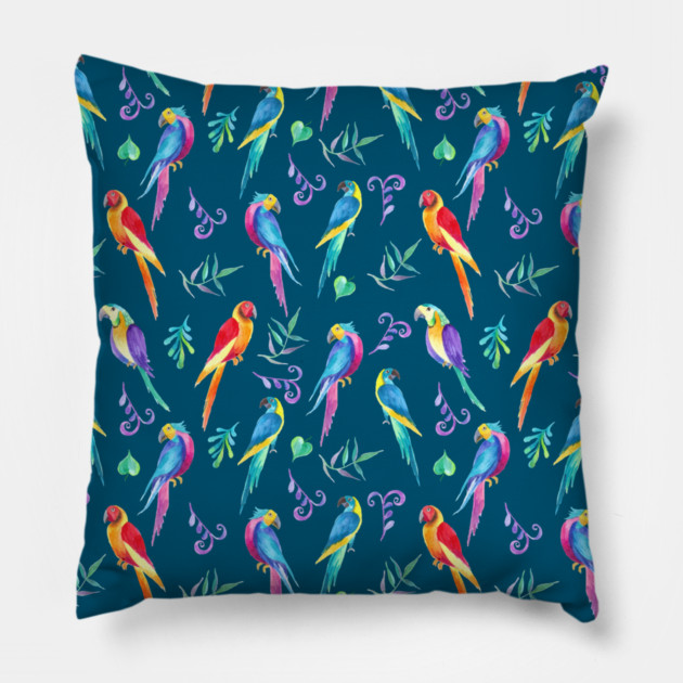 bright colored parrots with ornament of tropical flowers and leaves Pillow by Tshirtiz