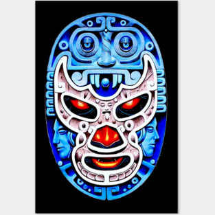 Blue Demon Lucha Libre Wrestler Aztec Design Posters and Art