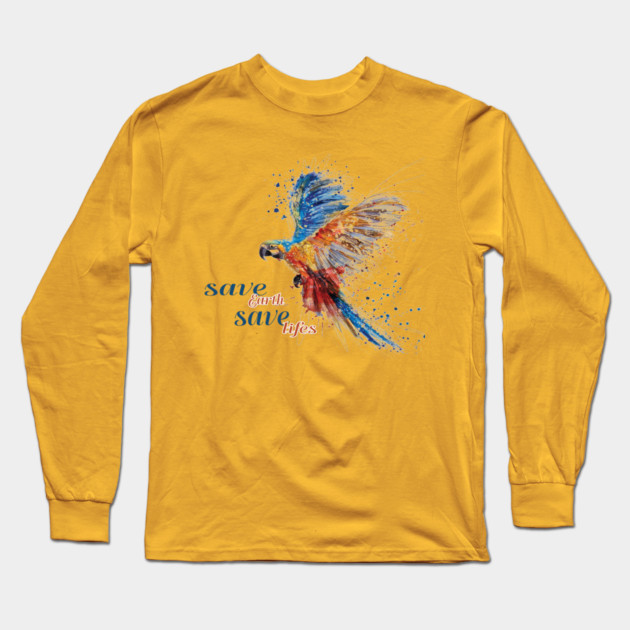 Save Earth, Save Life parrot design on shirts, hoodies, Mugs, covers, masks and more Long Sleeve T-Shirt by C.Code