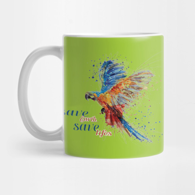 Save Earth, Save Life parrot design on shirts, hoodies, Mugs, covers, masks and more by C.Code