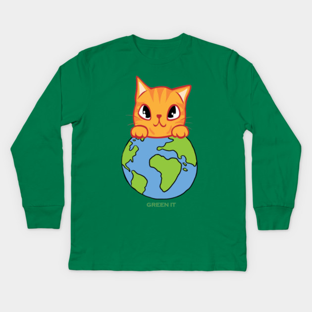 Green It! A cute cat design on shirts, hoodies, Mugs, phone and laptop covers Kids Long Sleeve T-Shirt by C.Code