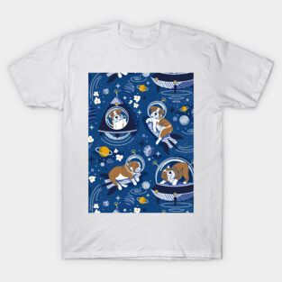 Intergalactic doggie dreams // pattern // classic blue background white and bronze English Bulldogs goldenrod yellow denim and pastel blue planets and space ships T-Shirt