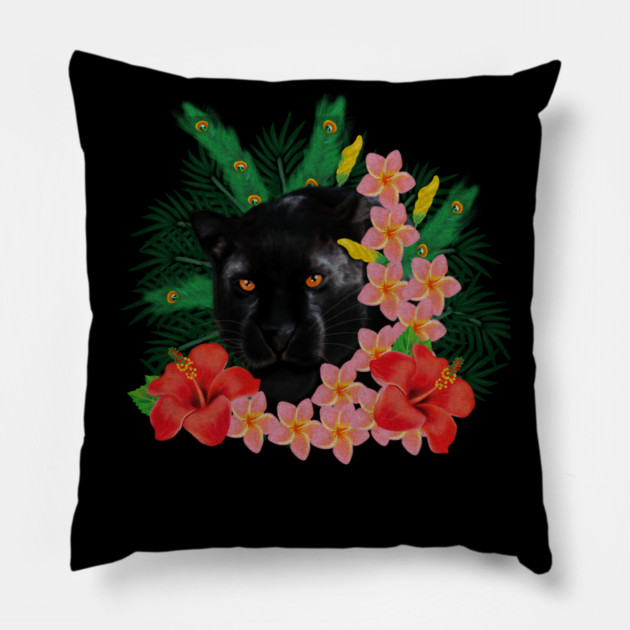 Black leopard Panther, Tropical Floral, Big Cat Pillow by logiamerch
