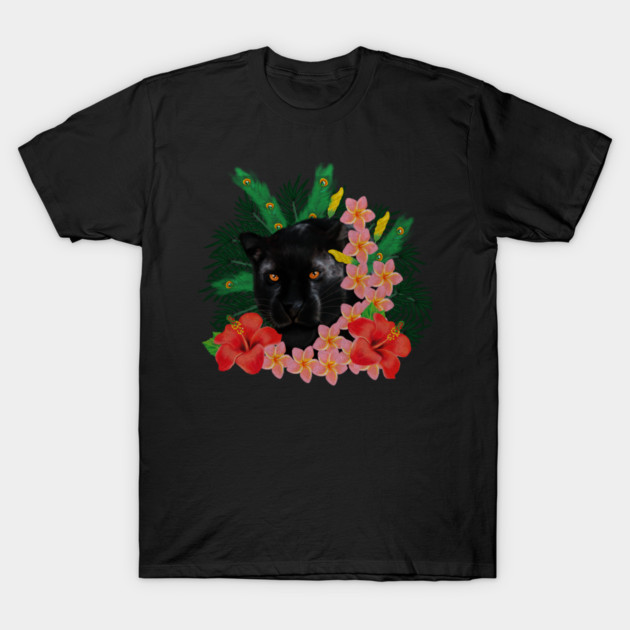 Black leopard Panther, Tropical Floral, Big Cat T-Shirt by logiamerch