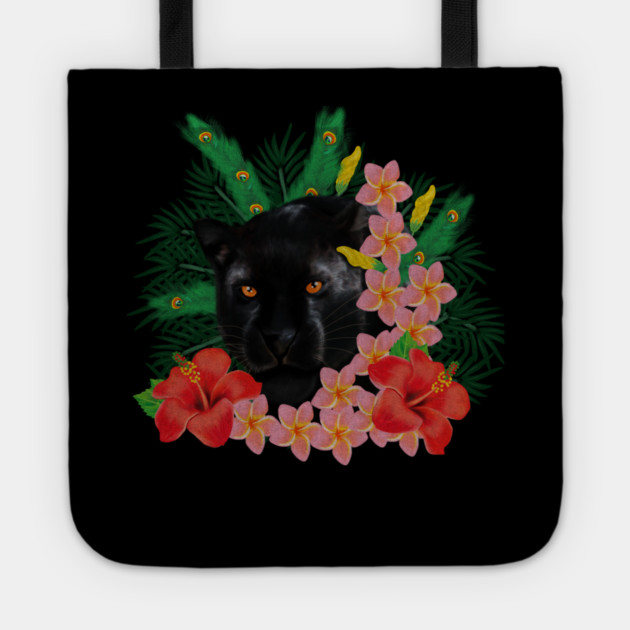 Black leopard Panther, Tropical Floral, Big Cat Tote by logiamerch