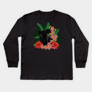 Black leopard Panther, Tropical Floral, Big Cat Kids Long Sleeve T-Shirt