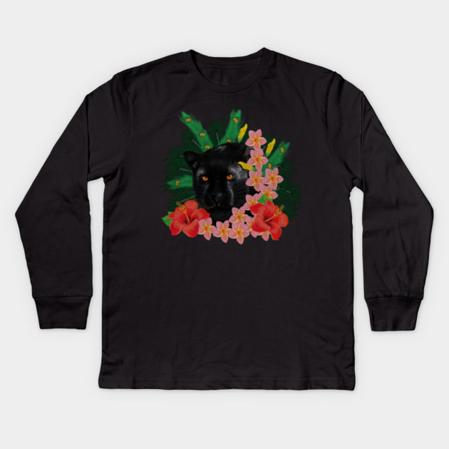 Black leopard Panther, Tropical Floral, Big Cat Kids Long Sleeve T-Shirt by logiamerch