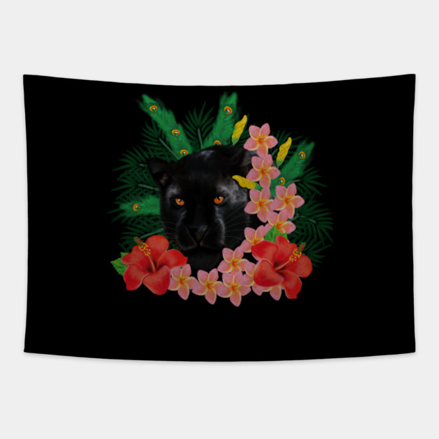 Black leopard Panther, Tropical Floral, Big Cat Tapestry by logiamerch