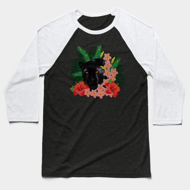 Black leopard Panther, Tropical Floral, Big Cat Baseball T-Shirt by logiamerch