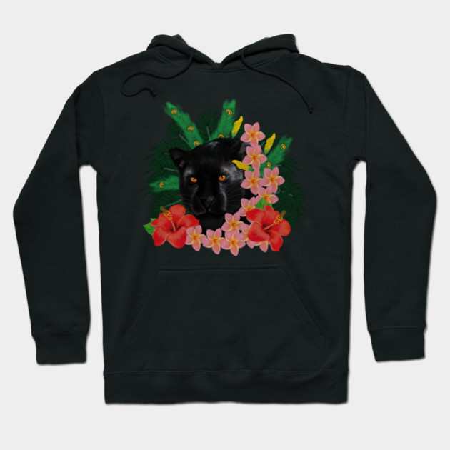 Black leopard Panther, Tropical Floral, Big Cat Hoodie by logiamerch