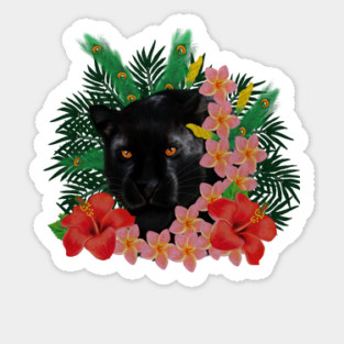Black leopard Panther, Tropical Floral, Big Cat Sticker
