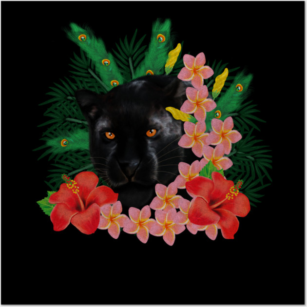 Black leopard Panther, Tropical Floral, Big Cat Wall Art by logiamerch
