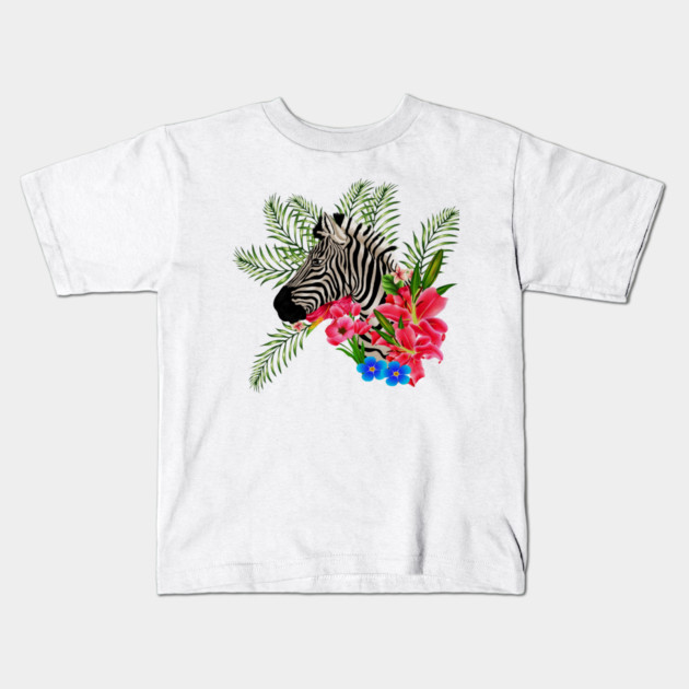 Zebra with Floral, Tropical, African Animal Kids T-Shirt by logiamerch