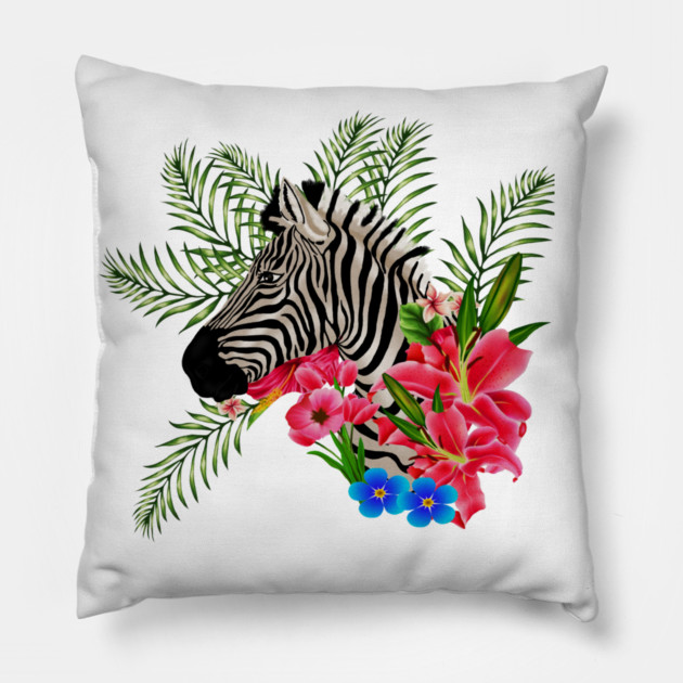 Zebra with Floral, Tropical, African Animal Pillow by logiamerch