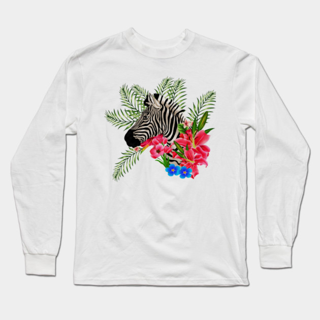 Zebra with Floral, Tropical, African Animal Long Sleeve T-Shirt by logiamerch