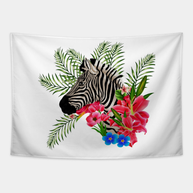 Zebra with Floral, Tropical, African Animal Tapestry by logiamerch