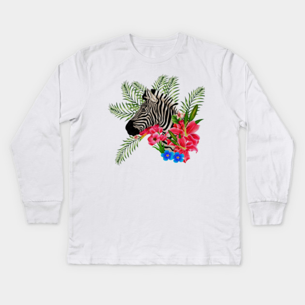 Zebra with Floral, Tropical, African Animal Kids Long Sleeve T-Shirt by logiamerch