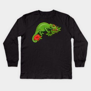 Chameleon, Floral Tropical, Reptile Kids Long Sleeve T-Shirt