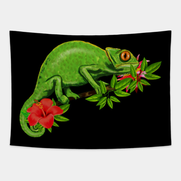 Chameleon, Floral Tropical, Reptile Tapestry by logiamerch