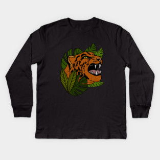 Jaguar Roaring, Tropical design, Leopard Kids Long Sleeve T-Shirt