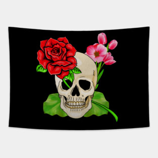 Skull, Rose Floral Tropical, Skulls Tapestry