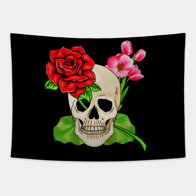 Skull, Rose Floral Tropical, Skulls Tapestry by logiamerch
