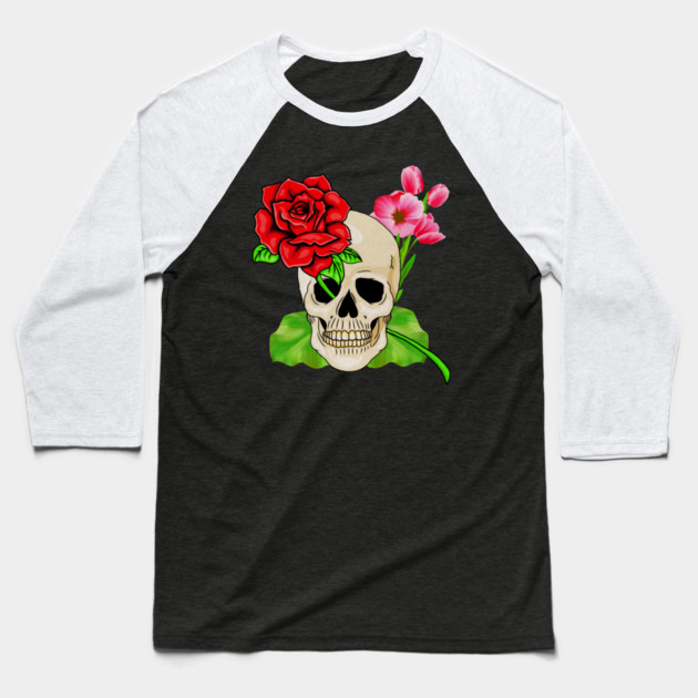 Skull, Rose Floral Tropical, Skulls Baseball T-Shirt by logiamerch