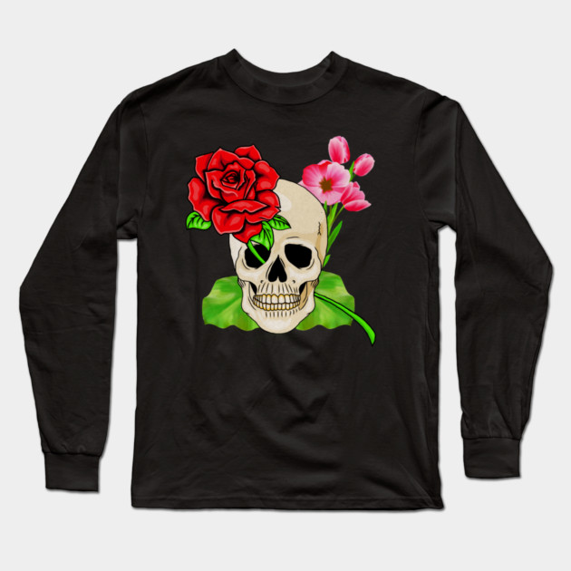 Skull, Rose Floral Tropical, Skulls Long Sleeve T-Shirt by logiamerch