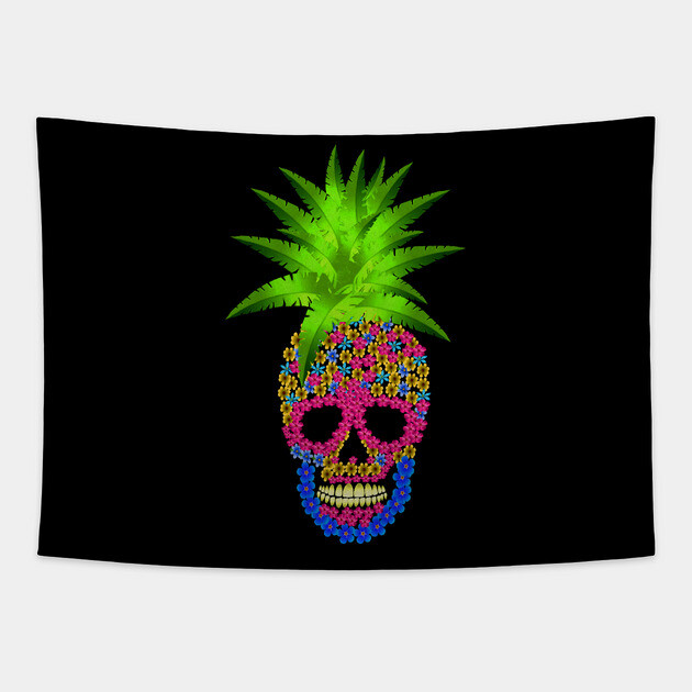 Pineapple, Skull Floral Tropical Tapestry by logiamerch