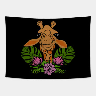 Cute Giraffe, Floral Tropical Tapestry