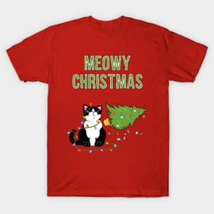 Meowy Christmas Tuxedo Cat Knocked Over Tree T-Shirt